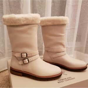 Timberland Riley Flair Leather Boot Pull On Fur Trim Off White Size 8 NWT
